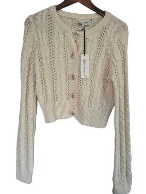 Freshman 1996 Cable Knit Cardigan Floral Buttons Cropped Large